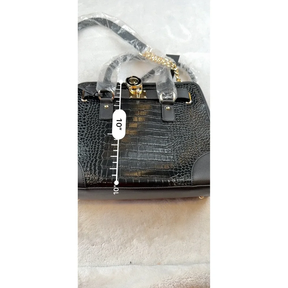 Dasein Black Croc Embossed Satchel Handbag Gold Accent‎ Chain Strap New